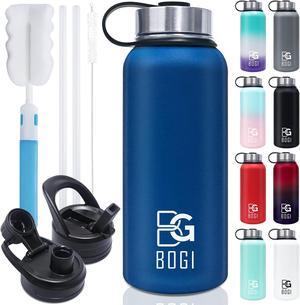 BOGI Insulated Water Bottle 32 oz, Double Wall Vacuum Stainless Steel Water Bottle with Straw and 3 Lids, Sweat-Proof Wide Mouth Metal Water Bottle Keeps Hot or Cold for Sports Gym Office (Dark blue)