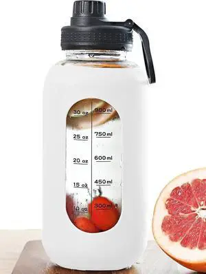 40oz Glass Water Bottle with Handle Lid Time Marker Motivational Sport Water Jug with Silicone Sleeve Water Flask Canteen Wide Mouth Water Bottle for Gym Workout Travel Office Home Everyday Hydration
