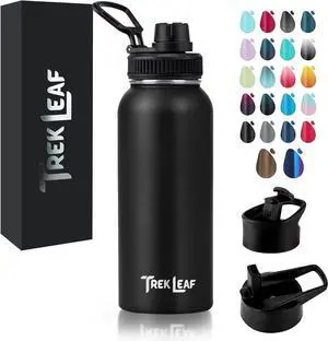 Travel Water Bottle with 3 Lids (Spout, Straw, Flip) Leak Proof, Quality, Vacuum Insulated, Stainless Steel (Black, 32 oz)