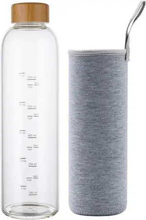 sunkey 32 oz Glass Water Bottle with Time Marker Bamboo Lid Neoprene Sleeve for to Go Travel Gym Home Reusable Eco Friendly Bpa Free (Gray)