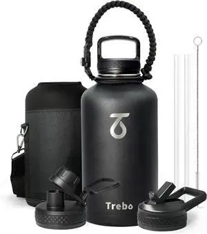 Trebo 64oz Water Bottle Insulated,Large Stainless Steel Water Jug with 3 Lids, Double Wall Vacuum Sports Thermos Keep Hot 24 Hours & Cold 48 Hours,Wide Mouth Flask,Black