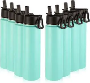 Volhoply 24oz Insulated Water Bottle with Straw Bulk 8 Pack,Metal Wide Mouth Water Bottles with Handle Lid Keep Cold,Reusable Double Wall Cups,Powder Coated Sport Bottle For Holder(Mint,8 Count)