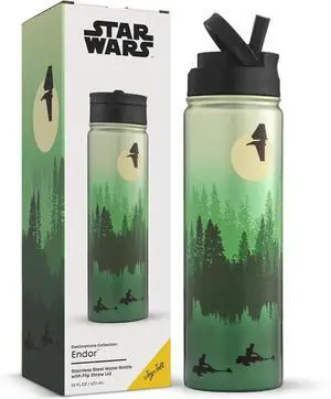 JoyJolt Stainless Steel Star Wars Water Bottle 22 oz with Straw Lid, BPA-Free Sports and Travel Vacuum Insulated Water Bottle, Destination Collection Endor Bottle, Star Wars Gifts