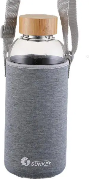 sunkey Sports Borosilicate Glass Water Bottle Wide Mouth 48 Oz Large Water Bottle with Bamboo Lid Neoprene Sleeve Bpa Free
