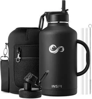 INSPI Insulated Water Bottle 64oz with Handle, Double Wall Vacuum Stainless Steel Water Bottles with Straw & 2 Lids, Half Gallon Metal Large Jug with Carry Pouch for Outdoor Sports, Black
