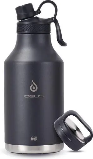 IDEUS Insulated Stainless Steel Water Bottle with 2 Leak-Proof Lids, Thermal Water Flask for Hiking Biking, 64oz, Black