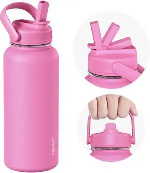 TOURIT 32 oz Insulated Water Bottle, Stainless Steel Water Bottles With Straw, Double Wall Vacuum Metal Thermos for Cold and Hot Drinks, Leak Proof BPA Free Water Flask for Sports and Travel, Hot Pink