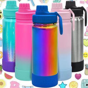 CHILLOUT LIFE 17 oz Kids Insulated Water Bottle for School with Leakproof Spout Lid and Cute Waterproof Stickers, Personalized Stainless Steel Thermos Flask Metal Water Bottle, Dishwasher Safe Color