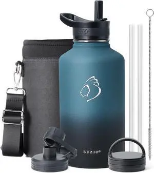 BUZIO 64 oz Water Bottle Insulated with Straw & 3 lid and Carrying Pouch, Leak Proof Half Gallon Stainless Steel Water Flask Jug, Cold for 48 Hrs Double Vacuum Thermo Canteen, BPA-Free, Indigo Crush