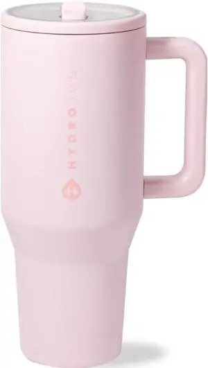 HydroJug Traveler - 32 oz Water Bottle with Handle & Flip Straw - Fits in Cup Holder, Leak Resistant Tumbler-Reusable Insulated Stainless Steel & Rubber Base - Gifts for Women & Men, Pink Sand