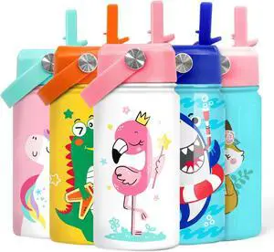 SANDJEST Flamingo Water Bottle - Kids Water Bottle with Straw Lid - 12 Oz Insulated Stainless Steel Water Bottles for Toddlers Kid Girls - Travel Cup for School Sports