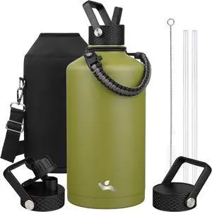 Gallon Insulated Water Bottle with Straw,128 oz 3 Lids Water Jug with Carrying Bag,Paracord Handle, Double Wall Vacuum Stainless Steel Metal Flask,Forest Green