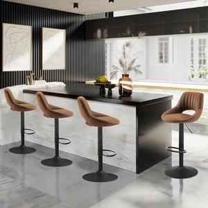 Art Leon Bar Stools Set of 4, Mid Century Modern Retro PU Leather Swivel Bar Stools with Back, Adjustable Counter Height Bar Stools with Black Powder Coated Base for Kitchen, Brown