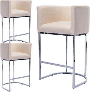 Contemporary Cream Linen Bar Stools Set of 3, 29" Upholstered Fabric Counter Height Barstools Kitchen Counter Island Stools with Screwed Together Chrome Finish Base