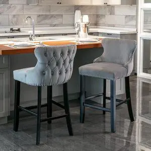mikibama Velvet Wingback Bar Stools Set of 2, Upholstered Button Tufted Counter Height Bar Stool with Solid Wood Legs Kitchen Island Padded Barstools with Nailhead Trim (Grey)