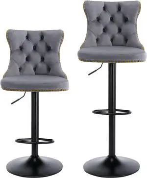 Grey Bar Stools Set of 2, Swivel Counter Height Bar Stools with Backs and Nailheads Trim, Velvet Upholstered Adjustable Barstools for Kitchen Island, Home Bar, Gray