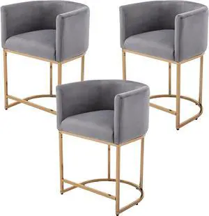 Contemporary Grey Velvet Bar Stools Set of 3, 24" Upholstered Fabric Counter Height Barstools Kitchen Counter Island Stools with Screwed Together Golden Metal Base