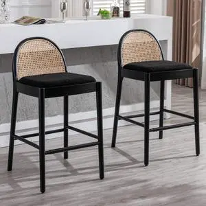 LukeAlon Modern Sherpa Bar Stools Set of 2, 29" Seat Height Tall Bar Chairs with Wooden Legs Natural Rattan Cane Back Bar Height Counter Stools with Footrest for Home Pub Kitchen, Black