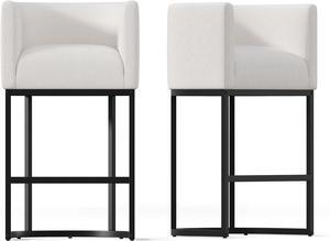 26" Modern Kitchen Counter Height Bar Stools,Fabric Upholstered Barrel Barstools Covers with Backs,Island Chairs Bar Stools Set of 2 with Metal Black Frames,Snowy White Linen
