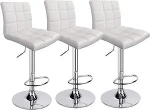 Leopard Modern Square PU Leather Adjustable Bar Stools with Back, Set of 3, Counter Height Swivel Stool, Square Back Barstools for Kitchen Counter (White)