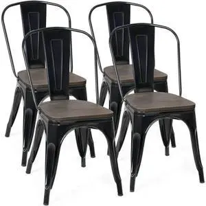 COSTWAY 18 Inch Dining Chair Set of 4, Industrial Vintage Stackable Metal Stools, Counter Bar Stools with High Backrest, Wood Seat, for Home, Kitchen and Cafe Bar Use
