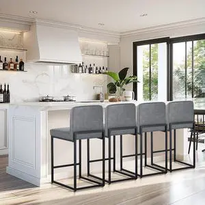 MAISON ARTS Faux Leather Bar Stools Set of 4, 24 Inch Counter Height Barstools with Back, Metal Legs, Footrest, Modern Upholstered Bar Chairs for Kitchen Island Home Bar, Grey