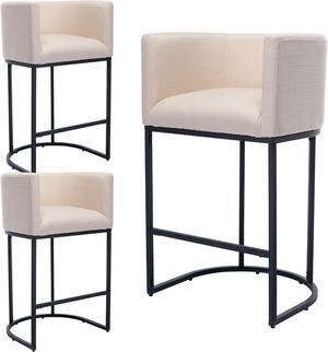 Contemporary Cream Linen Bar Stools Set of 3, 29" Upholstered Fabric Counter Height Barstools Kitchen Counter Island Stools with Black Metal Base