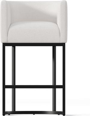 26" Modern Kitchen Counter Height Bar Stools,Fabric Upholstered Barrel Barstools Covers with Backs,Island Chairs Bar Stools Set of 1 with Metal Black Frames,Snowy White Linen