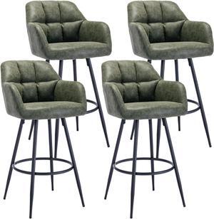 CIMOTA Modern Bar Stools Set of 4 Upholstered Bar Height Tall Stools for Kitchen Island, Leather Counter Height Barstools Island Chairs with Back and Metal Footrest for Home Bar/Pub, 30 Inch Green