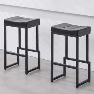 Bar Stools Set of 2, 28" Counter Height Bar Stools, Faux Leather Barstools for Kitchen Island, Backless Saddle Stools with Metal Legs (Black, 2PCS 28" Bar Stools)