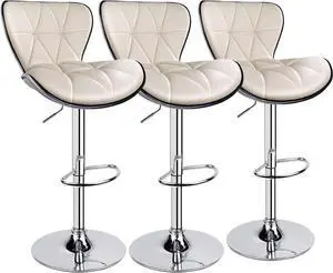 Shell Back Adjustable Swivel Bar Stools, PU Leather Padded with Back, Set of 3 (Beige)