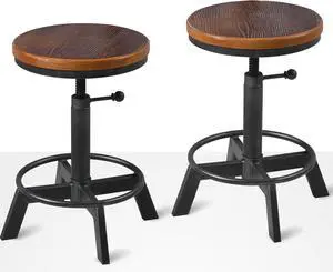 Set of 2-Industrial Bar Stool-Rustic Counter Height Chairs for Kitchen Island-Farmhouse Swivel Wooden Seat- Adjustable 17.7-24inch