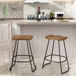 Awonde 24" Swivel Bar Stools Set of 2 Industrial Backless Bartsools Metal Counter Height Stools with Wood Top Matte Black