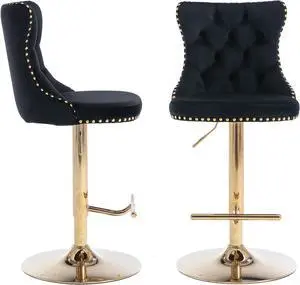 Velvet Swivel Bar Stools Set of 2, 25-33 Inch Height Adjustable, Counter Height Bar Stools with Back, Bar Chairs for Counter Height Bar Height Kitchen Island (Golden Base, 1 Black)