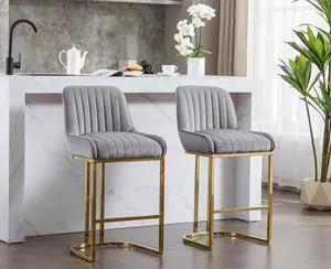 CIMOTA Counter Height Bar Stools Set of 2 with Back Modern Kitchen Counter Stools with Gold Legs Velvet Island Chairs Comfy Stripe Barstools for Breakfast Bar, 26 Inch/Grey