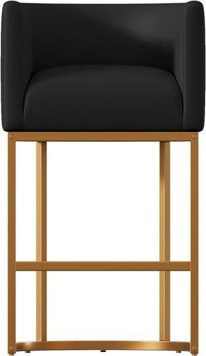 26" Modern Kitchen Counter Height Bar Stools,PU Leather Upholstered Barrel Barstools Covers with Backs,Island Chairs bar stools Set of 1 with Metal Gold Frames,Black Leather