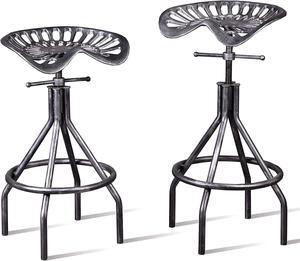 LOKKHAN Set of 2 Industrial Bar Stool-Cast Iron Tractor Seat Stool Adjustable Swivel Metal Farmhouse Stool,Breakfast Bar Stool,Counter Height-Pub Height,26.37-30.31 Inch,Black-Brushed Silver