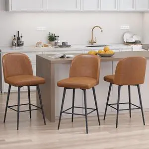 Counter Height Bar Stools Set of 3, Upholstered Swivel Bar Stools with Back and Metal Legs, 26" Seat Height Faux Leather Kitchen Counter Stool Chairs with Footrest, Rustic Brown