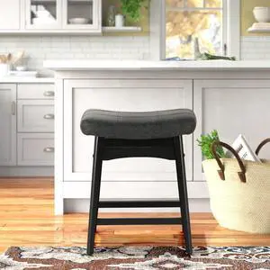 Black Solid Wood Bar Stool for Kitchen Counter Height Barstool with Faux Leather Saddle Seat Farmhouse Upholstered Stool for 34"-38" Counter Island, 24 Inches Height, Black