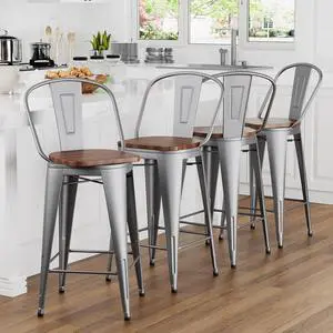 24" Swivel Metal Bar Stools Set of 4 Counter Height Bar Chairs Industrial High Back Barstools with Large Wooden Seat Silver