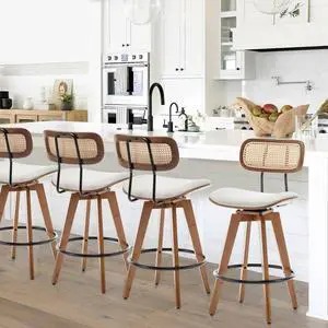 26" Rattan Bar Stools Set of 4, Beige Linen Fabric Counter Height Swivel Barstools with Rattan Backrest and Wooden Legs,Armless Mid Century Modern Bar Chairs for Kitchen/Dining Room/Bar