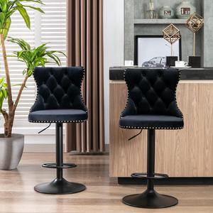 Swivel Bar Stool Adjustable Counter Height Barstools, Velvet Upholstered Chrome Black Base Bar Chair with Backs Tufted, for Home Pub and Kitchen Island Chairs, Black Bar Chairs Set of 2