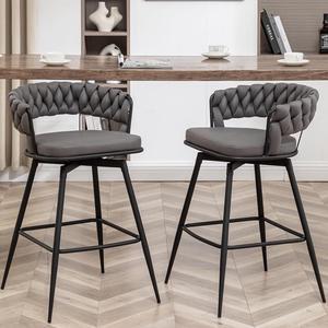Counter Height Bar Stools Set of 2, 26 inch Modern Bar Chairs with Woven Back, 360° Swivel Bar Stools for Kitchen Island, Cafe, Bar Counter (Grey)