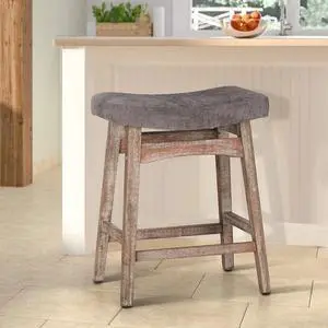 Solid Wood Bar Stool for Kitchen Counter Height Barstool with Fabric Saddle Seat Farmhouse Rustic Upholstered Stool for 34"-38" Counter Island, 24 in, Grey Cushion & Wood Legs