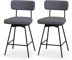 COSTWAY Bar Stools Set of 2, 25 Upholstered Counter Height Bar Stools with Back, 360° Swivel Dining Chairs with Heavy-Duty Metal Legs and Footrests, for Kitchen Island, Dining Room, Bar (2, Grey)