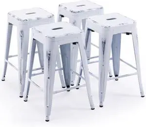 Vogue Furniture Direct 24 Inch Metal Bar Stools, Backless Counter Height Barstools, Indoor Outdoor Stackable Stools with Square Seat, Set of 4 (Distressed White)