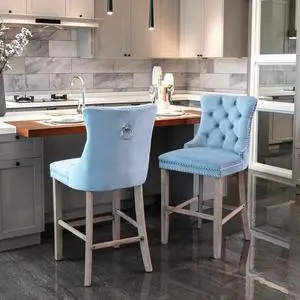 Rhomtree Velvet Bar Stools Modern Upholstered Bar Chairs 27'' Seat Height with Button Tufted Solid Wood Legs Counter Stools for Home Bar Dining Room Kitchen (Light Blue, Set of 2)