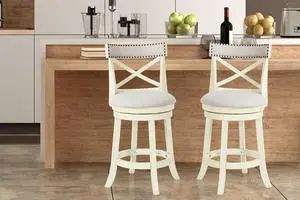 New Classic Furniture York Counter Height Swivel Bar Stools, Set of 2, 24-Inch, X Back with Fabric Upholstered Seat & Back Rest, Beige Cream