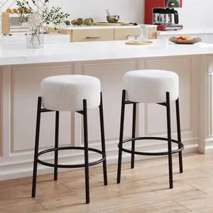 Flouki Swivel Bar Stools Counter Height, Modern Backless Stools for Kitchen Counter, Boucle Fabric Island Chairs with 6.7'' Thick Cushion and Metal Base, 26 inches H, Set of 2, White