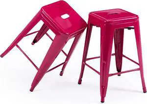 Vogue Furniture Direct 24 Inch Metal Bar Stools, Backless Counter Height Barstools, Indoor Outdoor Stackable Stools with Square Seat, Set of 2 (Hot Pink)